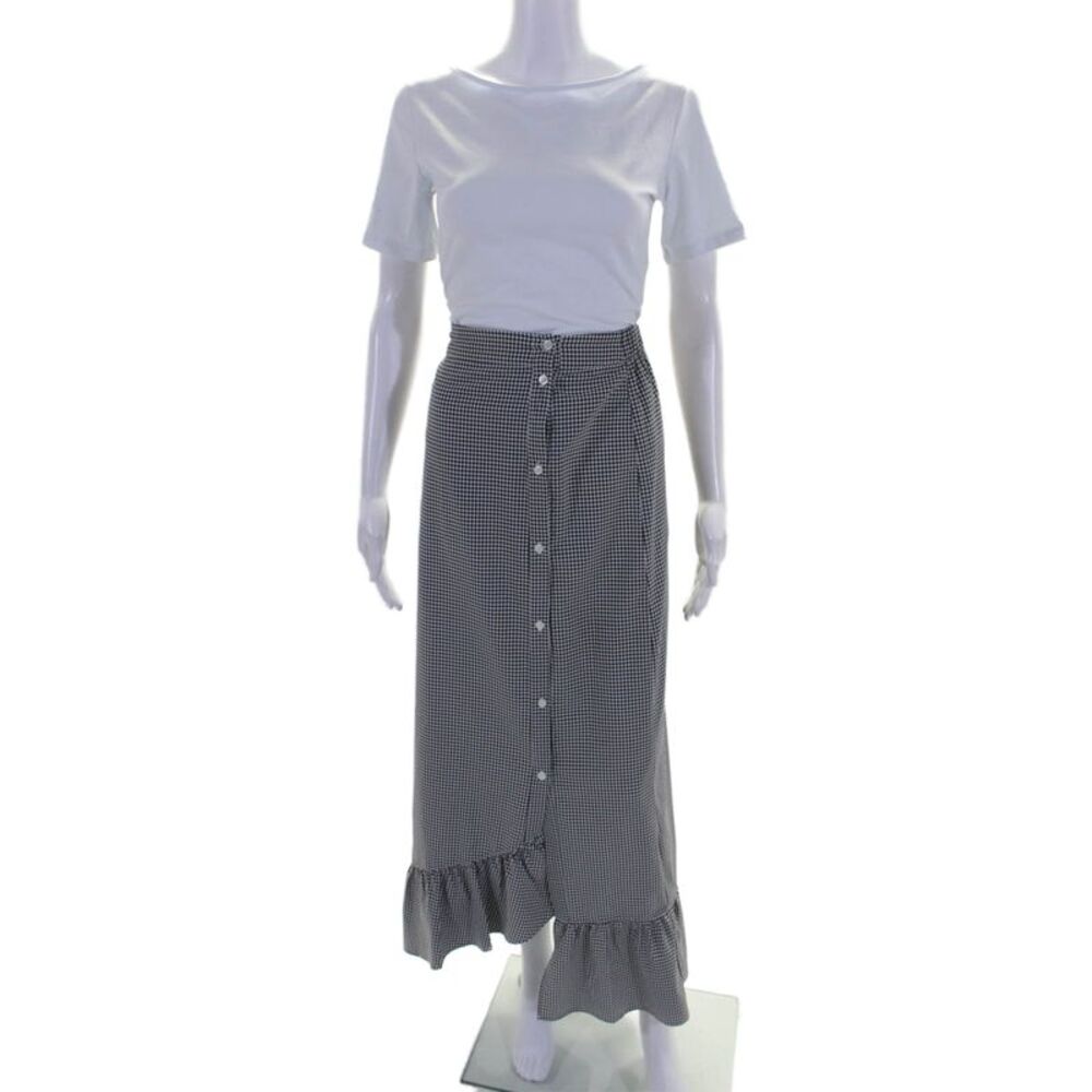 AMT Womens Button Front Ruffled Gingham Midi Skirt Black White Size Medium